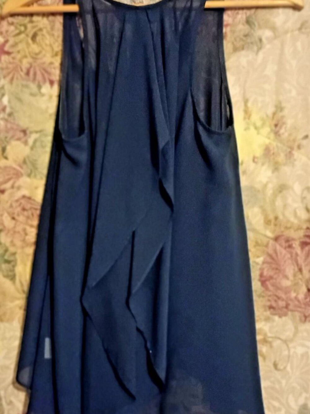 Blue Rain Sleeveless Sheer Blouse Tank Top Size Small Navy Blue Ruffle